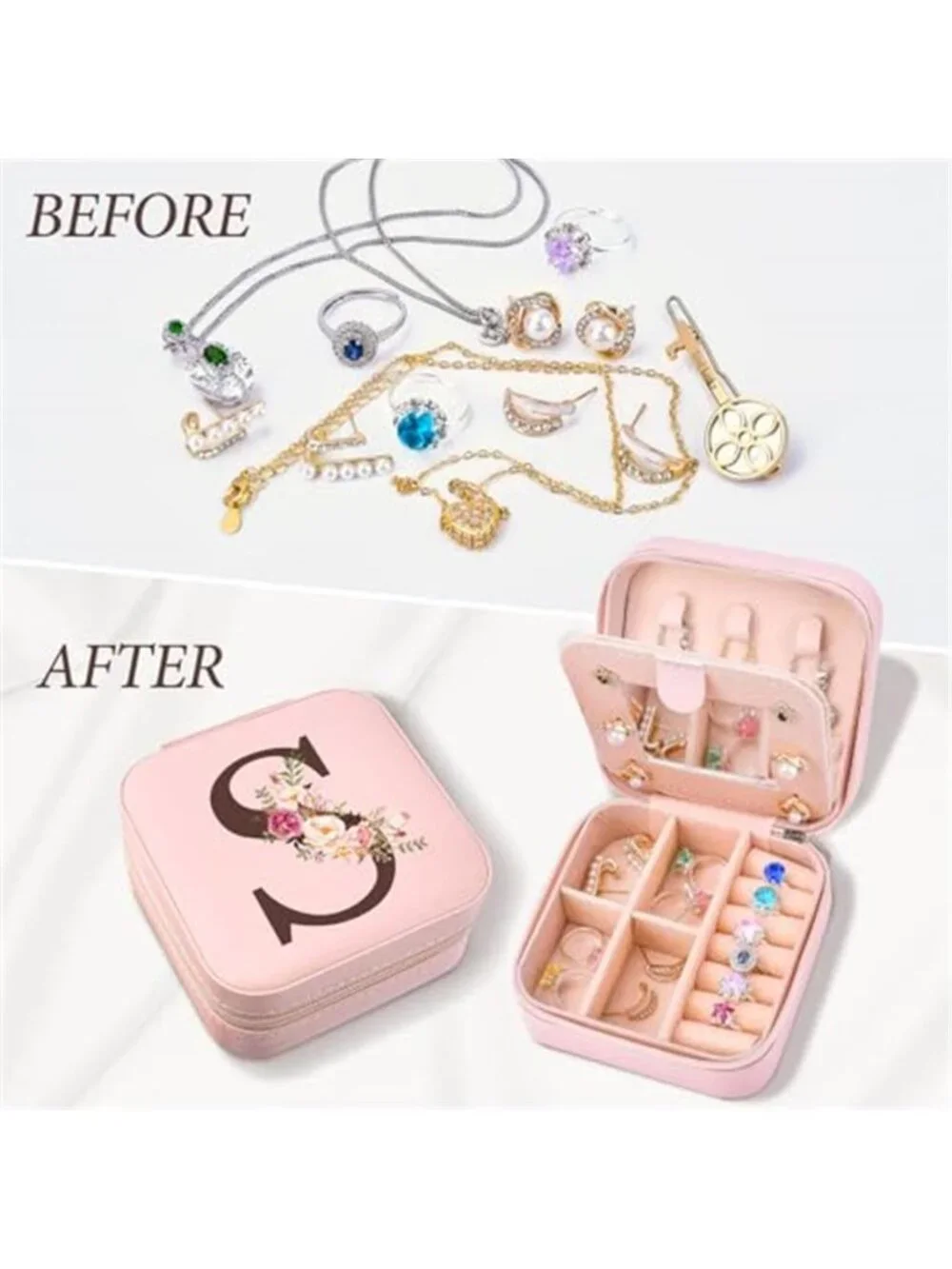 Initial S Travel Jewelry Case Box Organizer Pink Personalized Gift for Women Mom